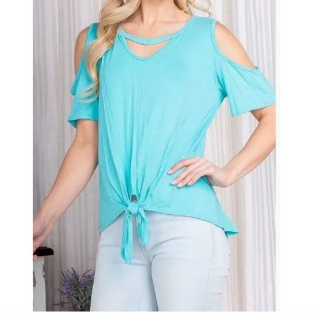 Heimish Aqua Blue Cold Shoulder Tie Front Modal Tee Size 2X